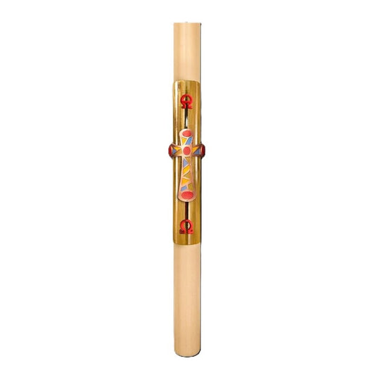 Cero Pasquale in Cera d'Api 80x1200 mm Decoro Foglia Oro Bassorilievo Croce con Mosaico con Anno Applicato e con Rinforzo in Metallo