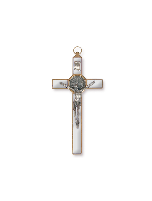 Croce di San Benedetto in Metallo con Inserto Smaltato Bianco 10 x 20 Centimetri