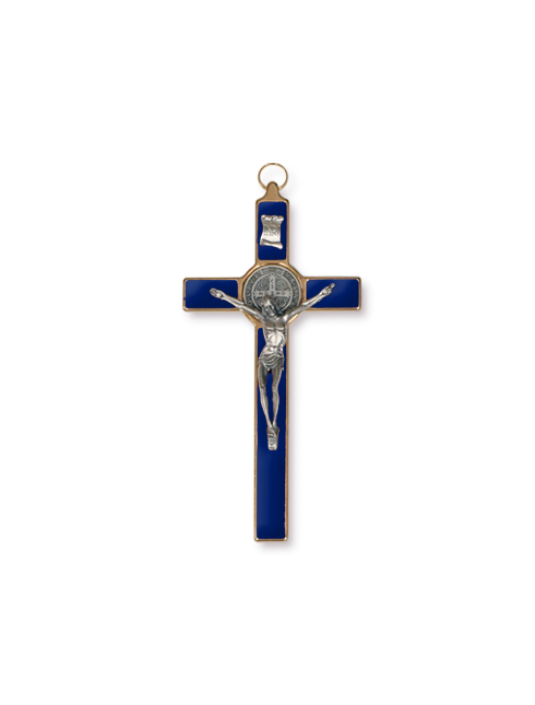 Croce di San Benedetto in Metallo con Inserto Smaltato Blu 10 x 20 Centimetri