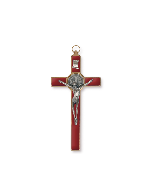 Croce di San Benedetto in Metallo con Inserto Smaltato Rosso 10 x 20 Centimetri