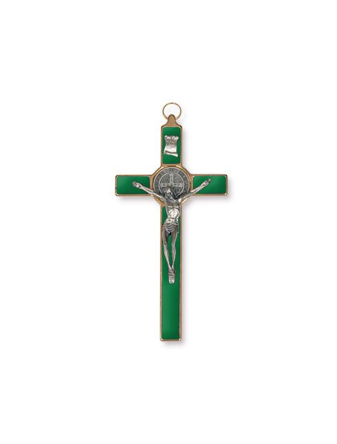 Croce di San Benedetto in Metallo con Inserto Smaltato Verde 10 x 20 Centimetri
