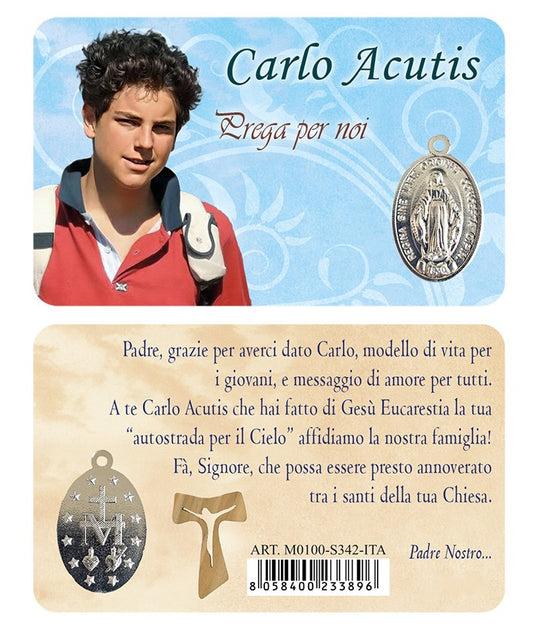 Card Plastificata San Carlo Acutis con Medaglia Miracolosa 8,6x5,4 cm 100 Pezzi