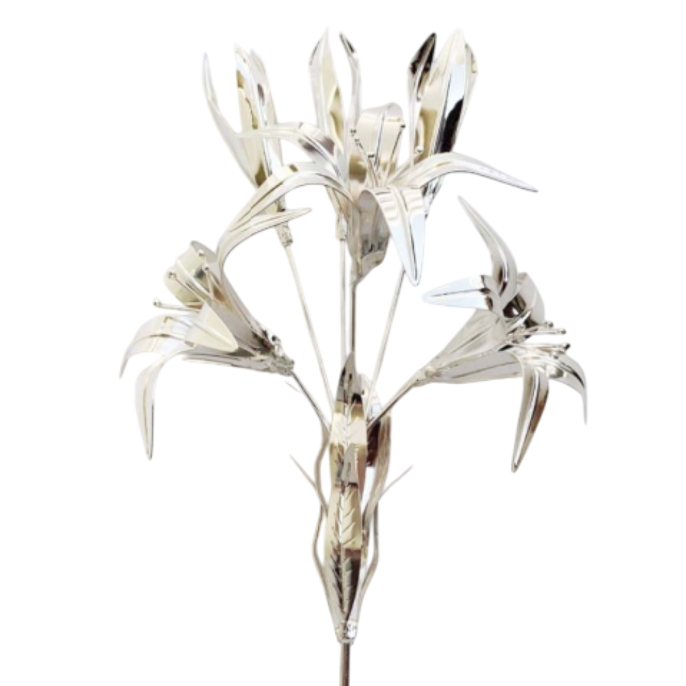 Giglio in Ottone con Foglie e Fiori 20 cm Finitura Argentata