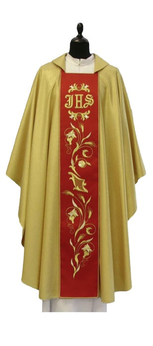 Casula IHS Gigli e Fiori Ricamata in Tessuto Papale Giallo Oro con Stolone