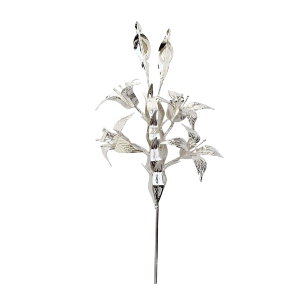 Giglio in Ottone con Foglie e Fiori 30 cm Finitura Argentata
