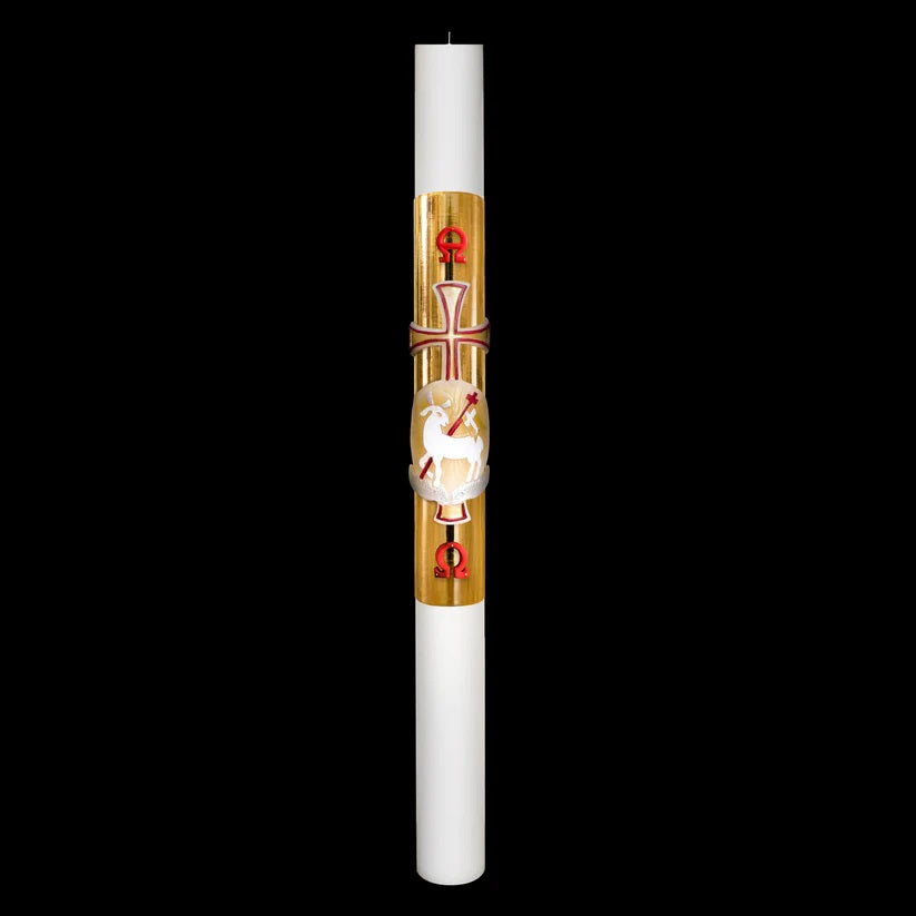 Cero Pasquale Bianco 80x1200 mm Decoro Foglia Oro Bassorilievo Agnello con Anno Applicato e con Rinforzo