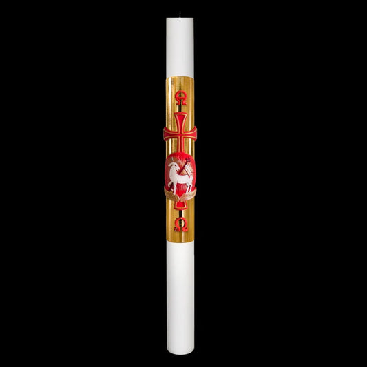 Cero Pasquale Bianco 80x1200 mm Decoro Foglia Oro Bassorilievo Agnello con Anno Applicato e con Rinforzo