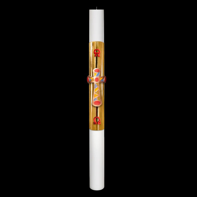 Cero Pasquale Bianco 80x1200 mm Decoro Foglia Oro Bassorilievo Croce con Mosaico con Anno Applicato e con Rinforzo