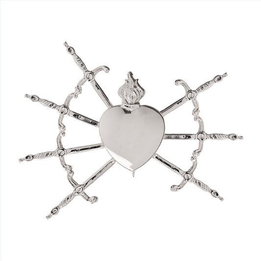 Cuore Madonna Addolorata Sette Spade in Ottone 16 cm Finitura Argentata