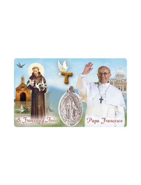 Card Plastificata Papa Francesco e San Francesco d'Assisi con Medaglia Miracolosa 8,6x5,4 cm 100 Pezzi