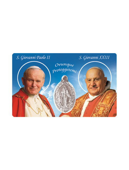 Card Plastificata Papa Giovanni Paolo II e Papa Giovanni XXIII con Medaglia Miracolosa 8,6x5,4 cm 100 Pezzi
