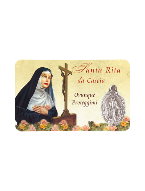 Card Plastificata Santa Rita da Cascia con Medaglia Miracolosa 8,6x5,4 cm 100 Pezzi