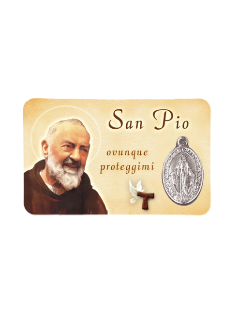 Card Plastificata San Pio con Medaglia Miracolosa 8,6x5,4 cm 100 Pezzi