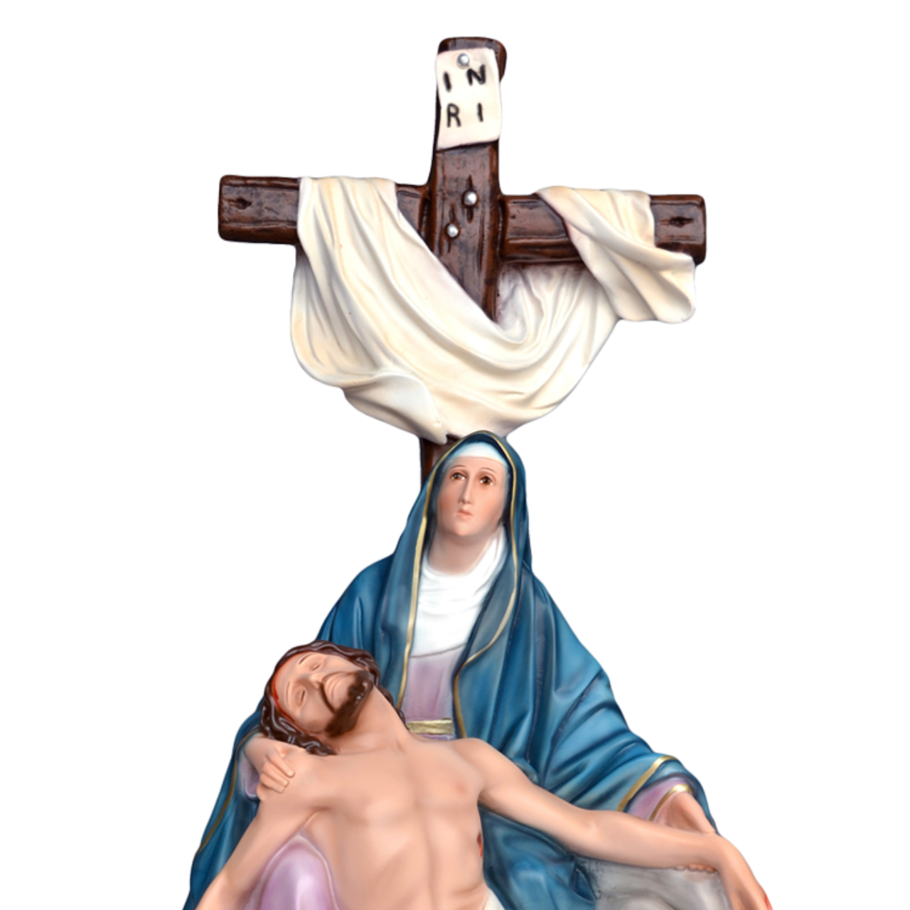 Statua Madonna Pietà 40 cm con Croce 60 cm in Resina