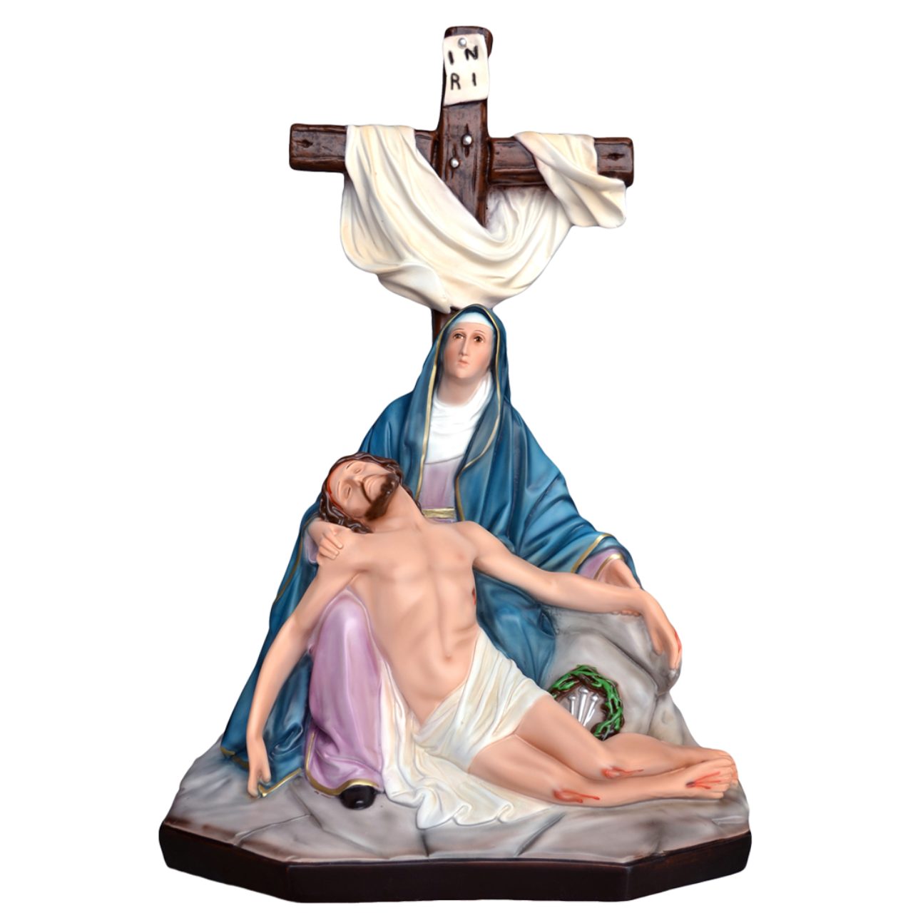 Statua Madonna Pietà 40 cm con Croce 60 cm in Resina