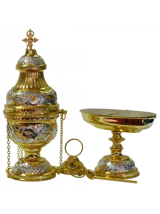 Set Turibolo e Navicella Decorati in Ottone Dorato Lucido